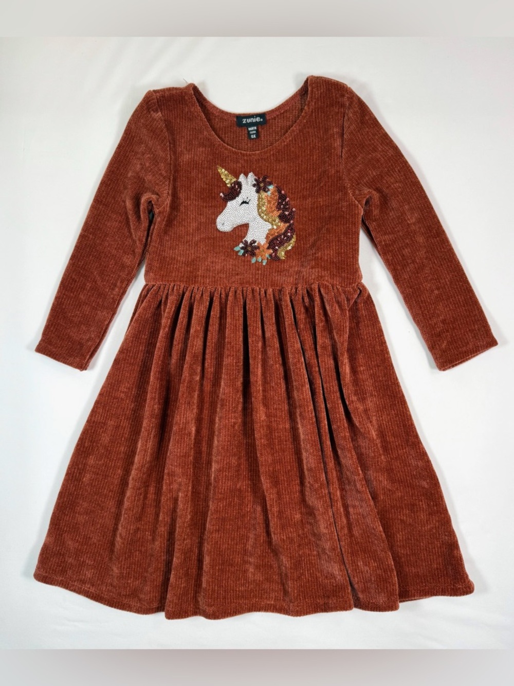 ZUNIE Girls' Unicorn Sequin Knit Sweater A-Line Dress Rust Orange Preppy Size 6X